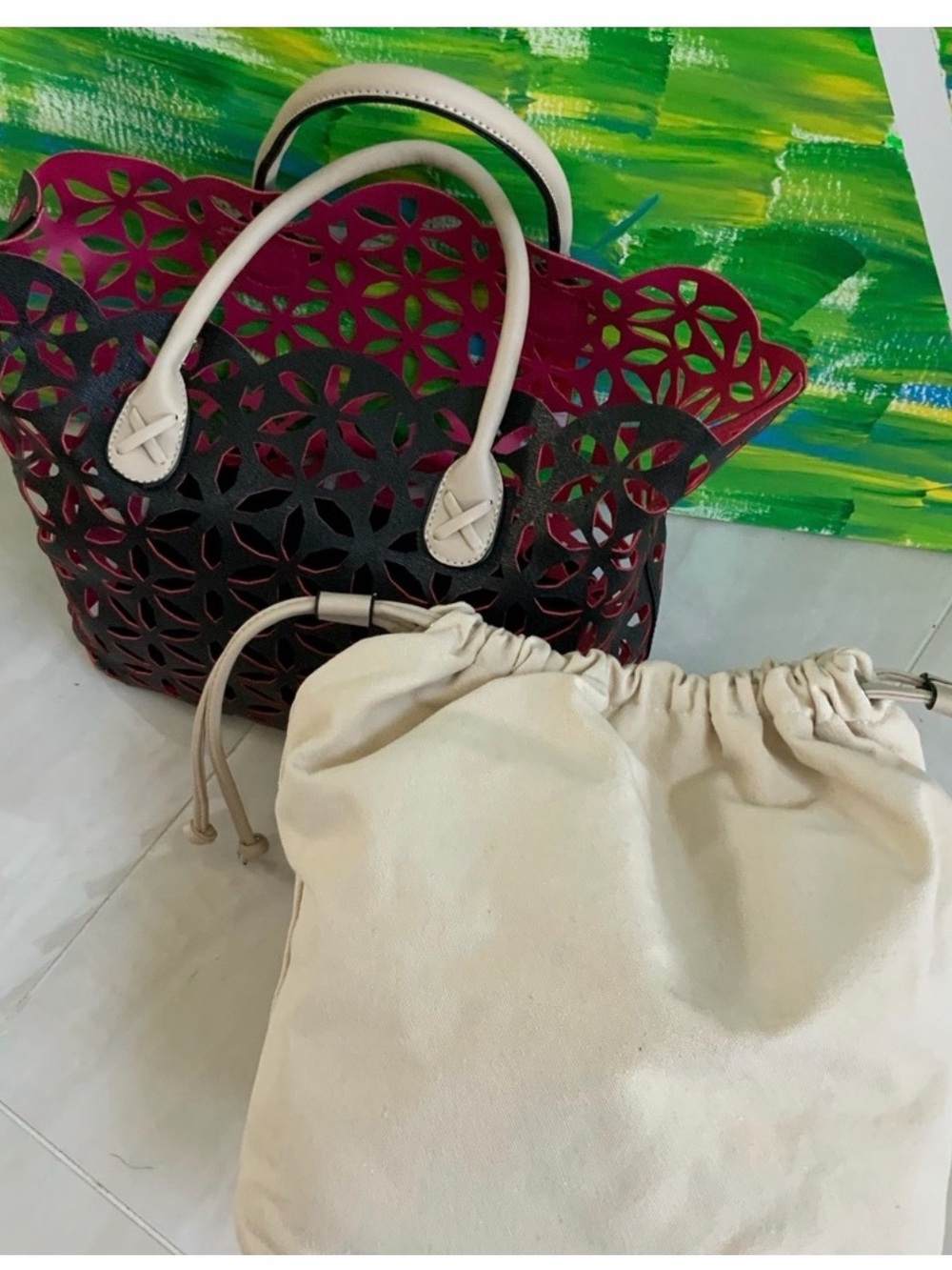 Catherine Malandrino Pink and Black Laser-Cut Tote with Cream Handles - Picture 8 of 8
